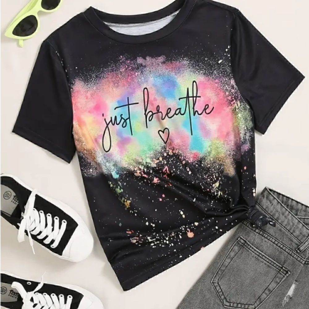 NEW! PLUS Size Just Breathe Splatter and Tie Dye Women's T Shirt Summer Spring